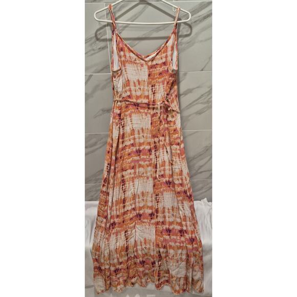 2X Forever 21 Orange White Tie Dye Maxi Sundress Spaghetti Straps Lined Rayon - Picture 3 of 8